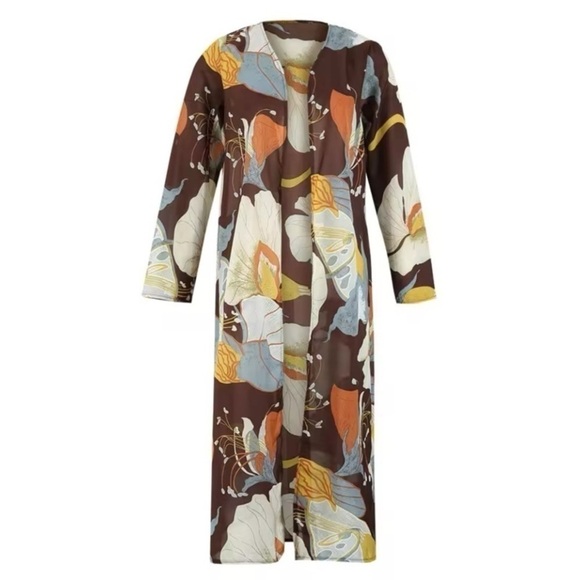 Western Bohemian Kimono Floral Brown & Clay Orange Lightweight Wrap Transitional - Picture 4 of 8
